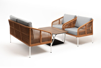 Лаунж-зона 4SIS Канны 4-местная из роупа со столиком Глория, цвет дуб, каркас светло-серый, роуп оранжевый меланж