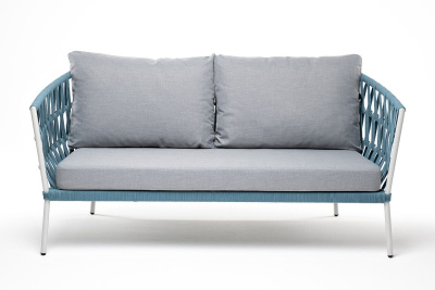 Диван 4SIS Диего 2-местный из роупа, каркас алюминий светло-серый (RAL7035) муар, роуп бирюзовый круглый, ткань светло-серая