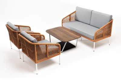 Лаунж-зона 4SIS Канны 4-местная из роупа со столиком Глория, цвет дуб, каркас светло-серый, роуп оранжевый меланж