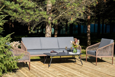 Лаунж-зона 4SIS Канны 5-местная из роупа со столом Верона (серый гранит), каркас коричневый, роуп коричневый Лаунж-зона 4SIS Канны 5-местная из роупа со столом Верона (серый гранит), каркас коричневый, роуп коричневый