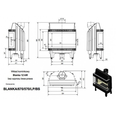 Каминная топка Kratki Blanka 670 570 LP BS (угловое стекло слева-справа)