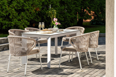 Обеденная группа 4SIS Венето 6-местная со стульями Милан, каркас белый, роуп бежевый